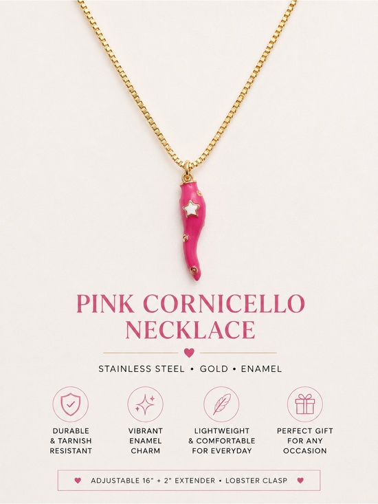Unbranded Jewelry - Pink Enamel Italian Cornicello Necklace on Gold Plated Stainless Steel Box Chain